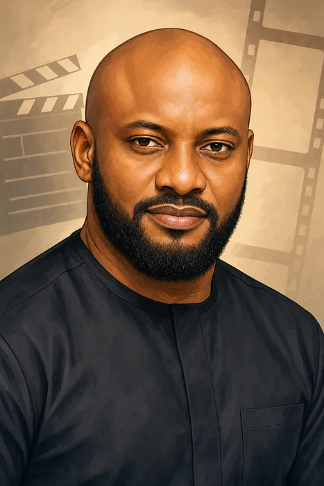 Editorial illustrated head-and-shoulders portrait of Yul Edochie with understated film-making cues.