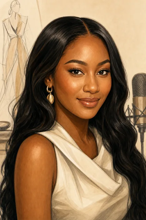 Editorial illustrated head-and-shoulders portrait of Temi Otedola with subtle fashion, beauty and media cues.