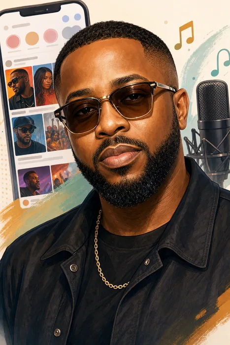 Editorial-style illustrated head-and-shoulders portrait of Tunde Ednut with subtle social-media and entertainment publishing cues.