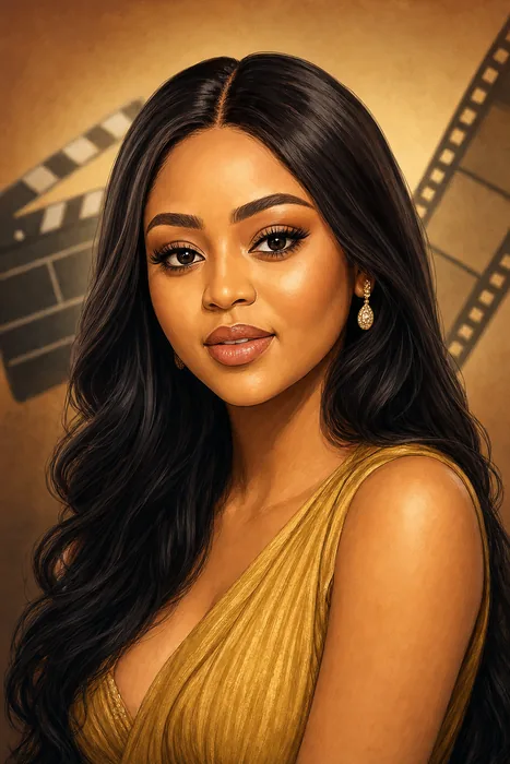 Illustrated head-and-shoulders portrait of Regina Daniels with subtle film-production imagery in the background.