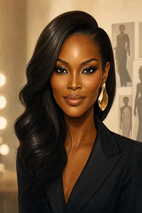Illustrated head-and-shoulders portrait of Nigerian fashion model and television host Oluchi Onweagba, with subtle fashion-industry cues.