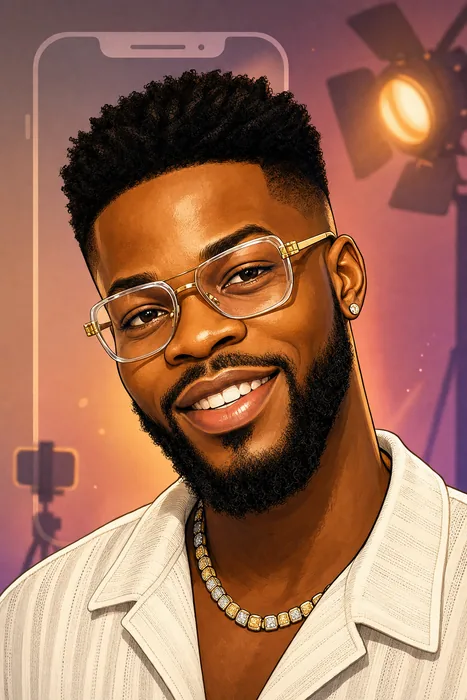 Illustrated head-and-shoulders portrait of Broda Shaggi with subtle comedy and social-media creative cues.
