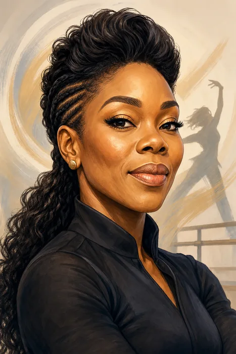 Illustrated head-and-shoulders portrait of Kaffy with subtle dance and choreography cues.