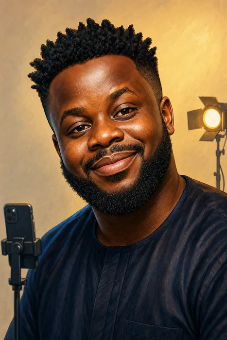 Illustrated head-and-shoulders portrait of Nigerian comedian Sabinus with subtle online-comedy cues.