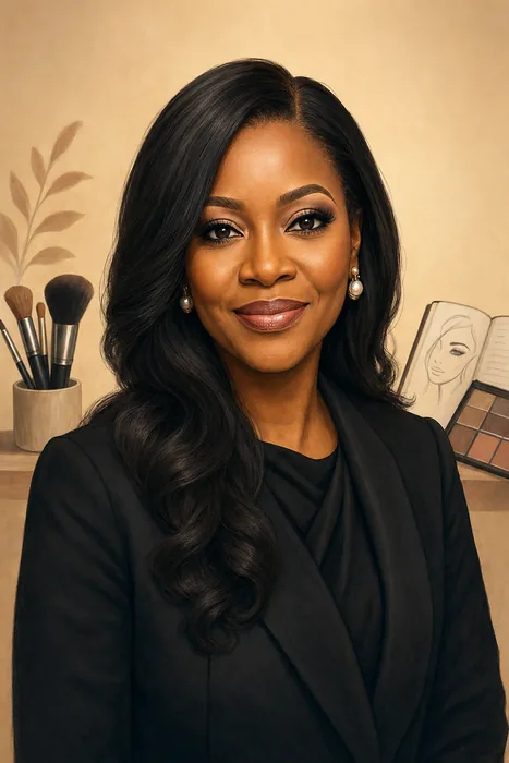 Illustrated head-and-shoulders portrait of Tara Fela-Durotoye with subtle beauty-enterprise and skills-development cues.