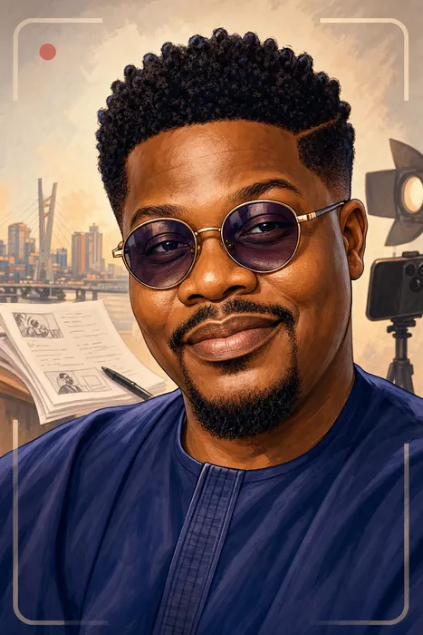 Editorial illustrated head-and-shoulders portrait of Adebowale “Debo” Adedayo, known as Mr Macaroni, with subtle digital-comedy and civic-commentary cues.