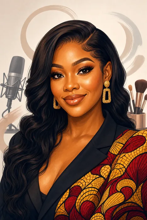 Editorial illustrated head-and-shoulders portrait of Nigerian media personality Anita Natacha Akide, known as Tacha, with subtle broadcasting and beauty-themed cues.