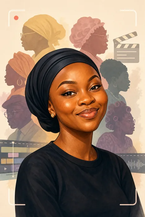 Illustrated head-and-shoulders portrait of Nigerian comedian and filmmaker Maryam Apaokagi, known as Taaooma, with subtle digital-video and filmmaking cues.