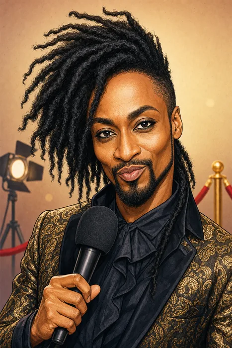 Illustrated head-and-shoulders portrait of Denrele Edun with a microphone and subtle red-carpet media cues.