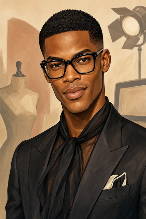 Illustrated head-and-shoulders portrait of Denola Grey in a polished fashion-forward look, with subtle studio and screen-inspired background cues.