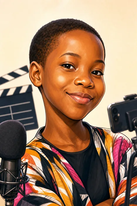 Illustrated head-and-shoulders portrait of Emmanuella Samuel with subtle online comedy production cues.