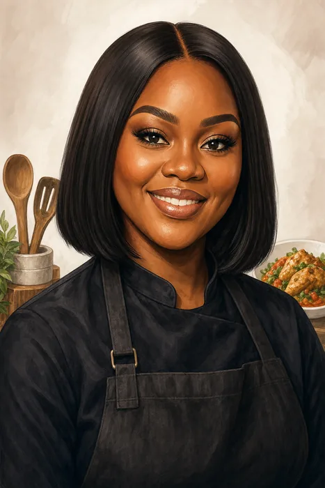 Illustrated head-and-shoulders portrait of Nigerian chef Chioma Avril Rowland Adeleke, known as Chef Chi, with subtle culinary cues.
