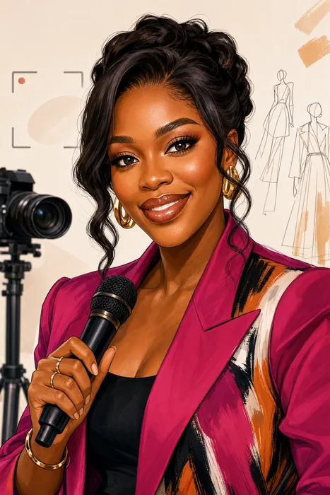 Illustrated head-and-shoulders portrait of Nigerian entertainer Kiekie with subtle cues of hosting, digital comedy and fashion media.
