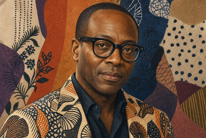 Editorial-style illustrated head-and-shoulders portrait of fashion designer and curator Duro Olowu, set against an abstract patterned textile background.