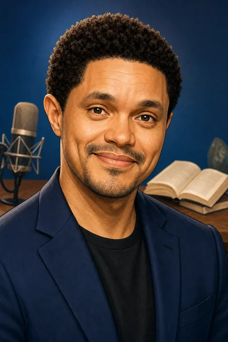 Illustrated head-and-shoulders caricature of Trevor Noah with a microphone and book-inspired editorial cues.