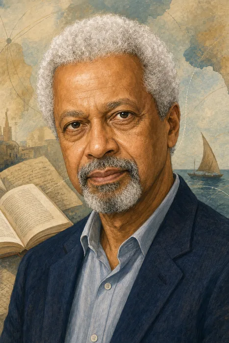 Illustrated head-and-shoulders portrait of Abdulrazak Gurnah with understated book and literary-study motifs.