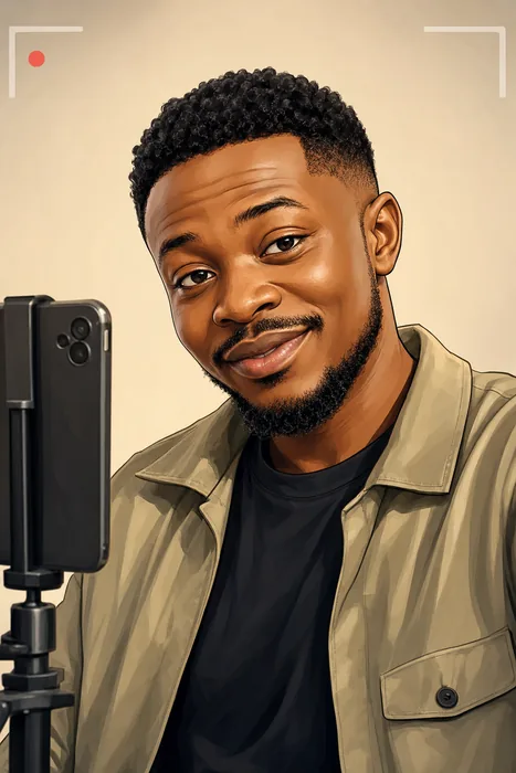 Illustrated head-and-shoulders portrait of Brain Jotter, a Nigerian comedian and digital content creator, with subtle online-sketch cues.