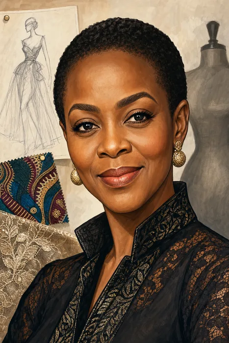 Illustrated head-and-shoulders portrait of Lanre Da Silva Ajayi with subtle couture and African-pattern design cues.