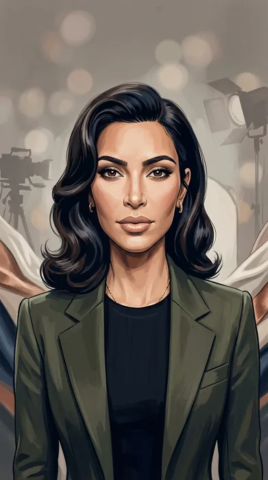Illustrated head-and-shoulders portrait of Kim Kardashian with subtle fashion and television-production cues.