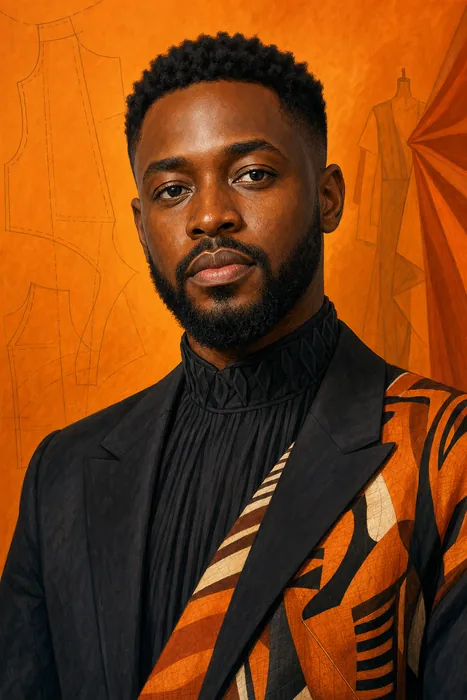 Illustrated head-and-shoulders portrait of Nigerian fashion designer Adebayo Oke-Lawal, with subtle tailoring and fashion-design cues.