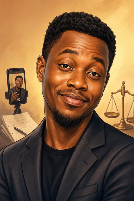 Illustrated head-and-shoulders portrait of Layi Wasabi, Nigerian comedian, digital-content creator and actor, with subtle creative and legal-themed cues.
