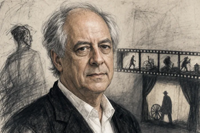 Illustrated head-and-shoulders portrait of William Kentridge with charcoal drawing and theatre-inspired background cues.