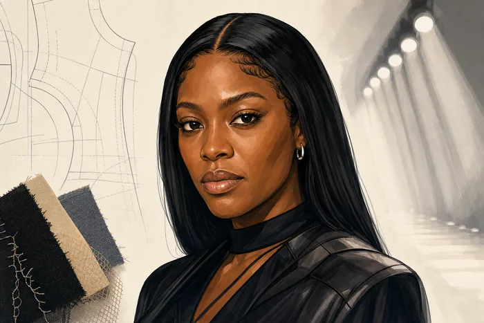 Illustrated head-and-shoulders portrait of fashion designer Mowalola Ogunlesi, set against a minimal runway-inspired background.