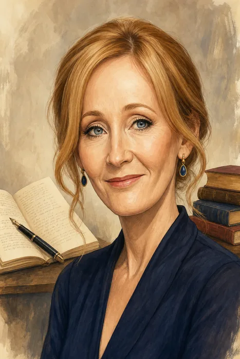 Illustrated head-and-shoulders portrait of J.K. Rowling with subtle writing-themed background details.