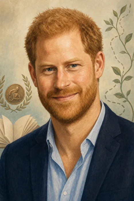 Illustrated head-and-shoulders portrait of Prince Harry with subtle references to veteran support, charitable initiatives and memoir writing.