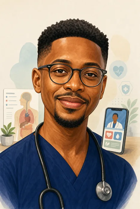 Illustrated head-and-shoulders portrait of Dr. Chinonso Egemba, known as Aproko Doctor, with subtle digital health education cues.
