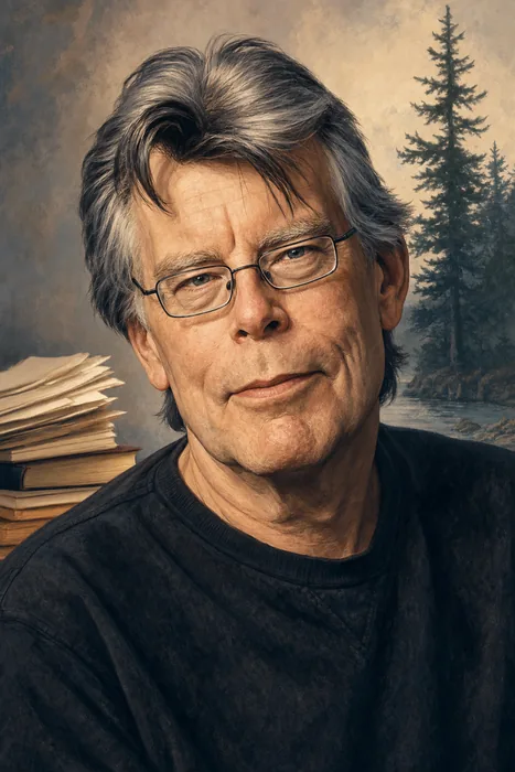 Illustrated head-and-shoulders portrait of Stephen King with subtle book and Maine-inspired background cues.