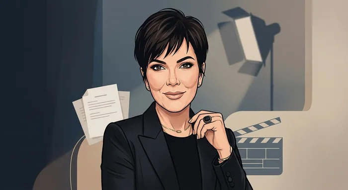 Illustrated head-and-shoulders portrait of Kris Jenner with subtle television-production and entertainment-management cues.