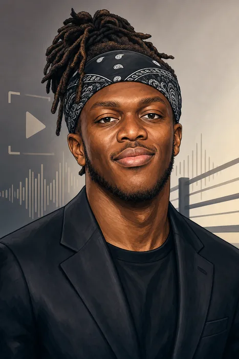 Illustrated head-and-shoulders portrait of KSI with subtle cues to online video, music and boxing.