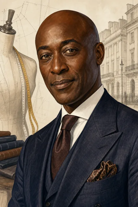 Illustrated head-and-shoulders portrait of Ozwald Boateng in contemporary tailored menswear, with subtle tailoring-themed background details.