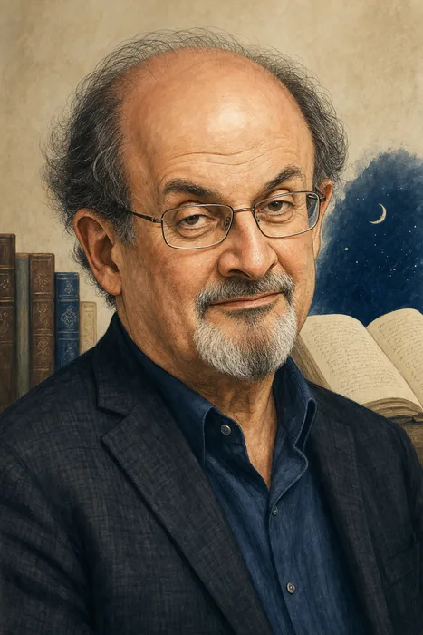 Illustrated head-and-shoulders portrait of Salman Rushdie with books and a subtle literary background.