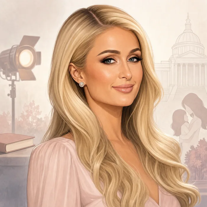 Illustrated head-and-shoulders portrait of Paris Hilton with subtle media and advocacy-themed background details.