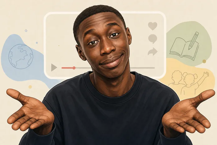 Illustrated head-and-shoulders portrait of Khaby Lame with a composed, expressive gesture against a simple background with subtle digital-video and children’s-rights advocacy cues.