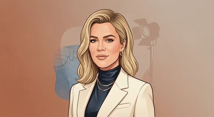 Illustrated head-and-shoulders portrait of Khloé Kardashian with subtle television and apparel design cues.