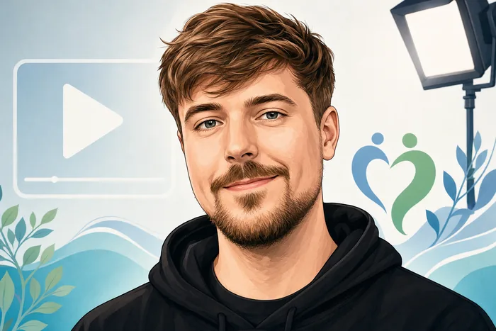 Illustrated head-and-shoulders portrait of James Stephen “Jimmy” Donaldson, known as MrBeast, with subtle online-video and charitable-fundraising cues.