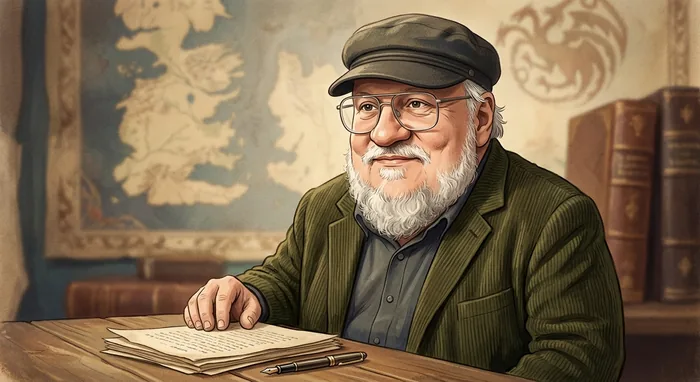 Illustrated head-and-shoulders portrait of George R. R. Martin with subtle fantasy-writing motifs in the background.