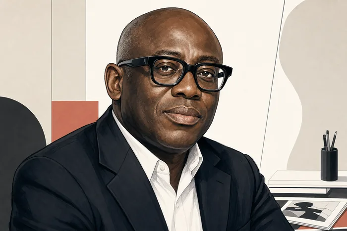 Illustrated head-and-shoulders portrait of Edward Enninful with subtle fashion publishing cues.