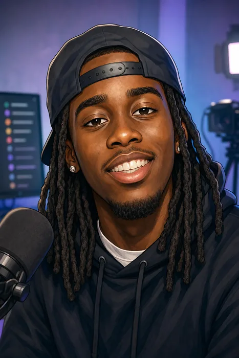 Illustrated head-and-shoulders portrait of Kai Cenat with understated livestreaming cues.