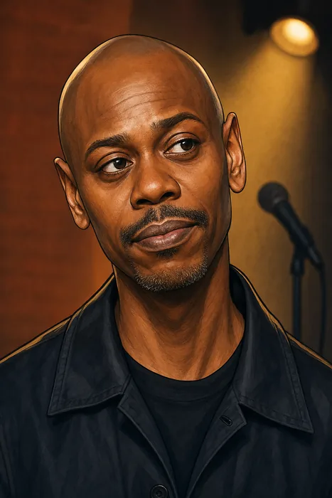 Illustrated head-and-shoulders portrait of Dave Chappelle with a subtle comedy-stage backdrop.