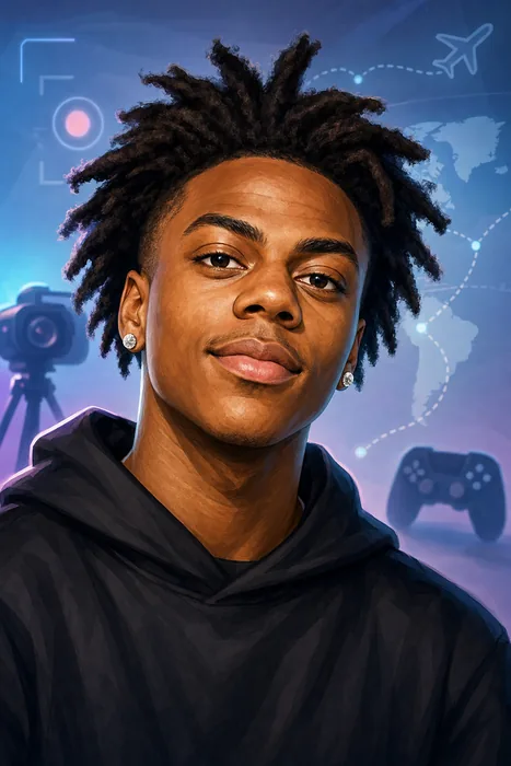 Illustrated head-and-shoulders portrait of IShowSpeed with subtle livestreaming and travel-themed background cues.