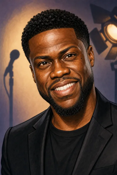 Illustrated head-and-shoulders caricature of Kevin Hart with subtle stand-up comedy and entertainment-production cues.