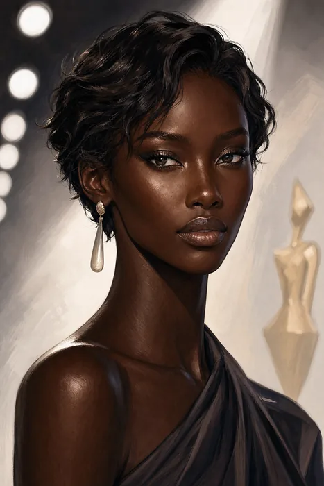 Editorial illustrated head-and-shoulders portrait of fashion model Anok Yai against a minimal runway-inspired background.