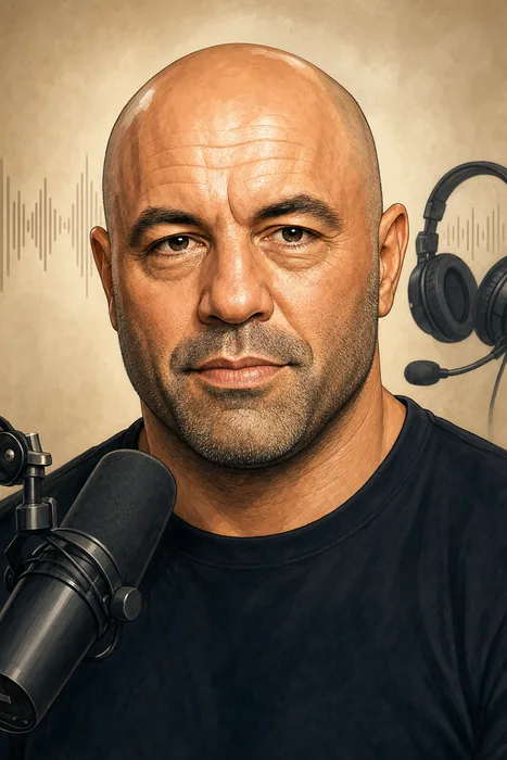 Illustrated head-and-shoulders portrait of Joe Rogan with a studio microphone and subtle podcast and sports-broadcasting cues.