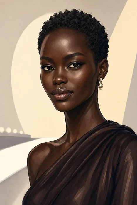 Editorial-style illustrated head-and-shoulders portrait of fashion model Adut Akech against a restrained runway-inspired background.