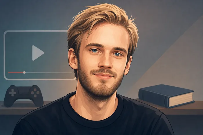 Illustrated head-and-shoulders portrait of Felix Kjellberg, known as PewDiePie, with subtle online video and gaming cues.