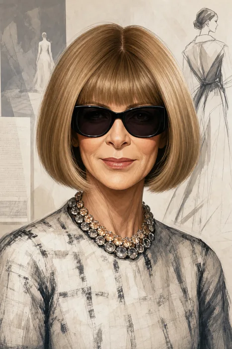 Illustrated head-and-shoulders portrait of Anna Wintour with subtle fashion editorial cues.